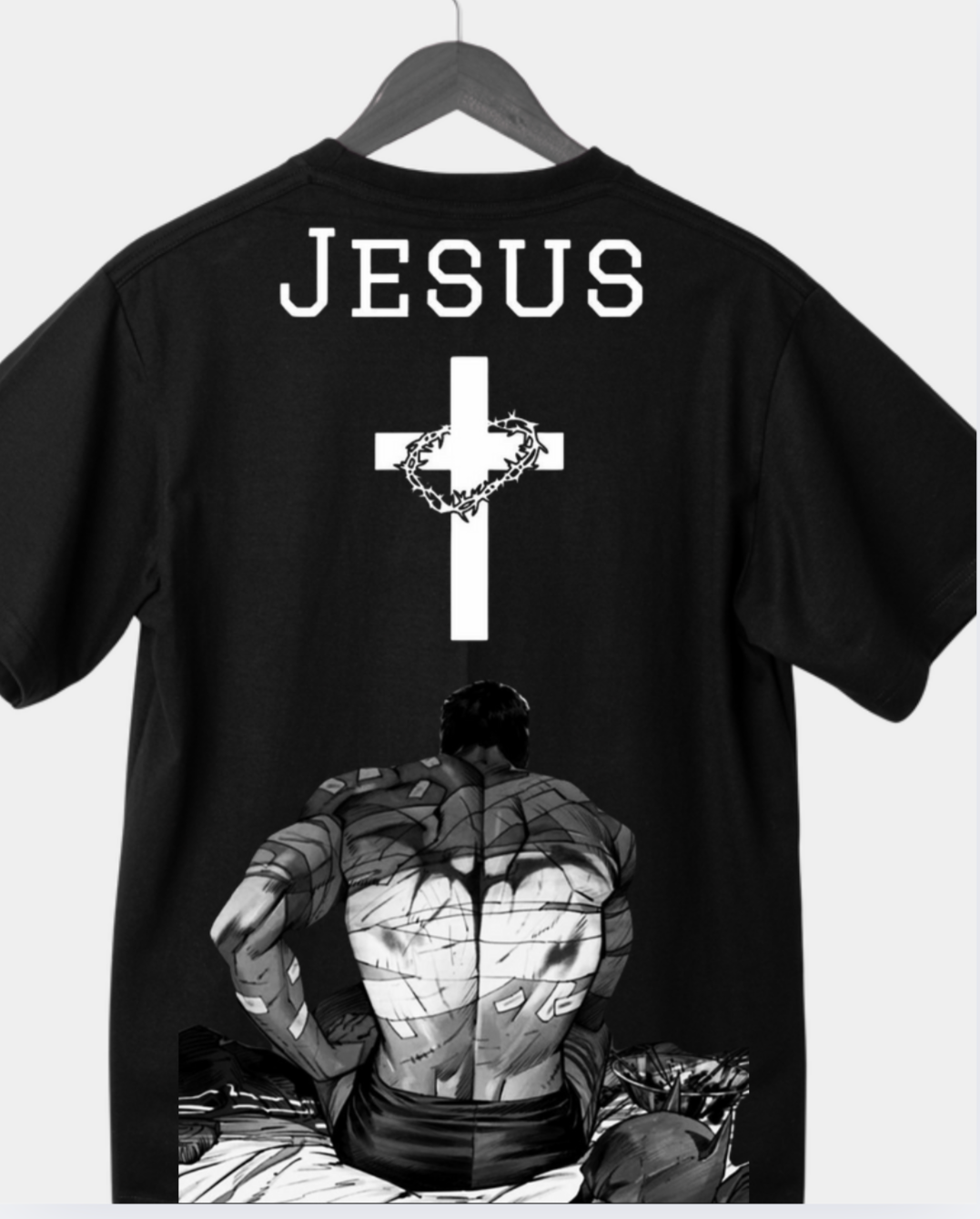 Black t-shirt with 'JESUS' and cross design on a white background